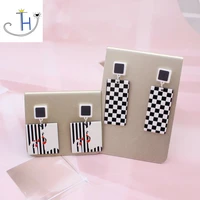 thj simple elegant checkerboard plaid earrings black white plaid leaf geometric earring for women jewelry gifts