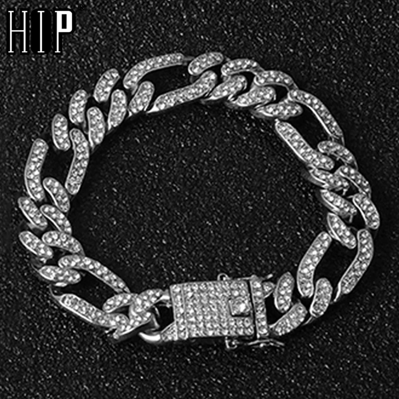 Мужской браслет в стиле хип-хоп украшенный кристаллами золотистые застежки из