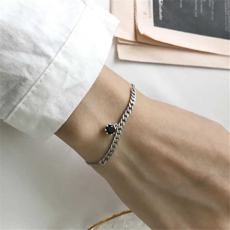 

POFUNUO Real 925 Sterling Silver Black Agate Weaving Chain Bracelets For Women AAA Black Zircon Charm Niche Jewelry Bracelets