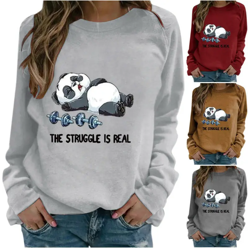 

Women Casual Crew Neck Blouse Tops Panda Print Long Sleeve T-Shirt