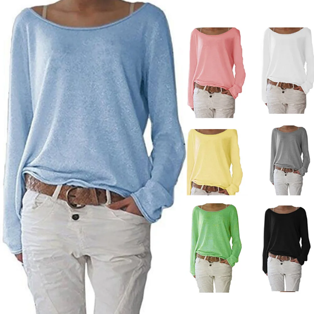 Женские Осенние футболки с длинными рукавами пуловер круглым вырезом свободные