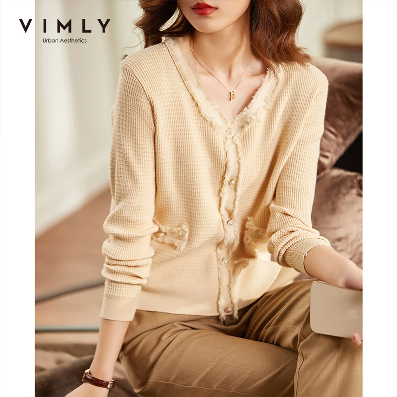 

VIMLY Women Cardigan Fashion New V Neck Patchwork Single Breasted Knitted Coat Elegant Clothes Outwear Female Sweater Top F9523