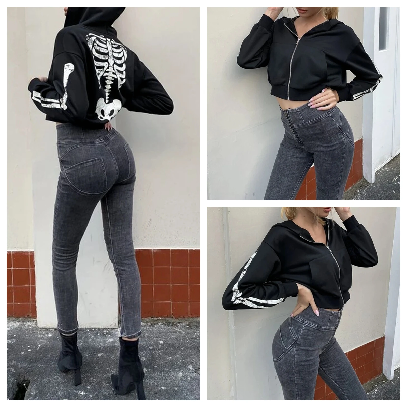 

Women's Sweatshirt Hooded Sweater,2021 Autumn New Fashion Casual Adults Skeleton Print Long Sleeve Zipper Crop Tops with Pockets