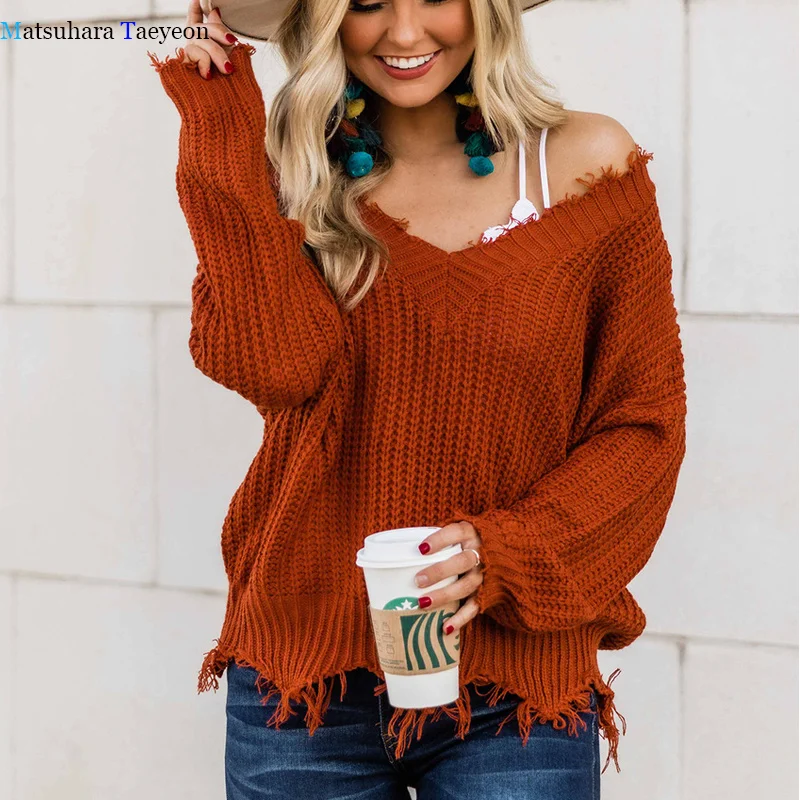 Autumn New Sweater Women Fashion Off Shoulder Sweater Fringe Distressed Knitted Sweaters Pullover Long Sleeve Female Sweaters