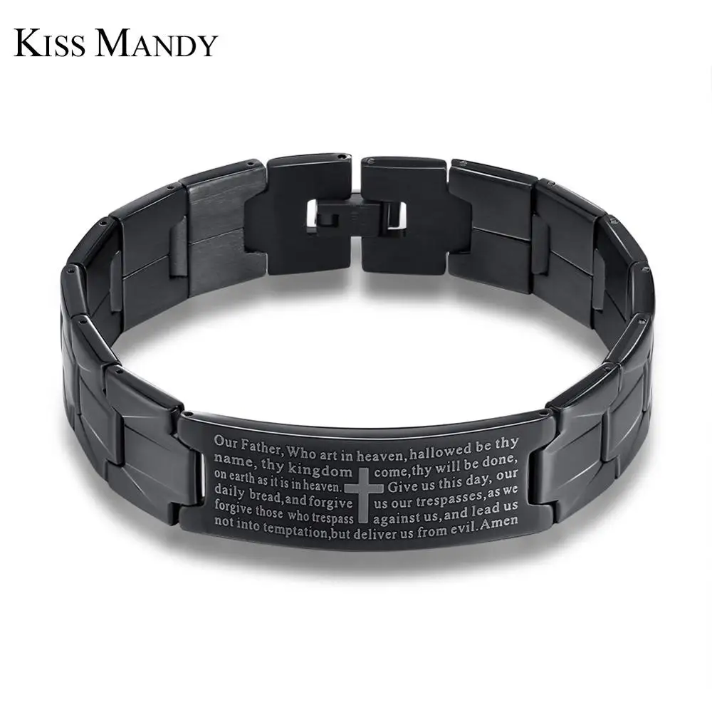 Браслет из нержавеющей стали с рисунком Креста KISS MANDY черного цвета, Религиозный браслет, модные аксессуары FB57