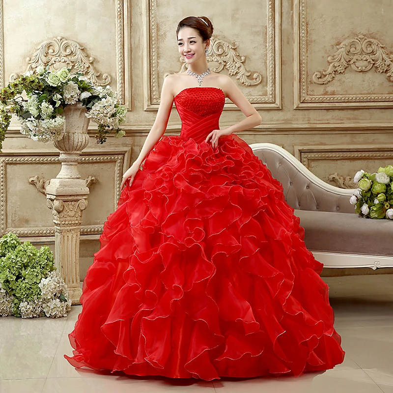 Красное платье без бретелек с рюшами Quinceanera бисером и жемчужным лифом Vestido 15 Anos De
