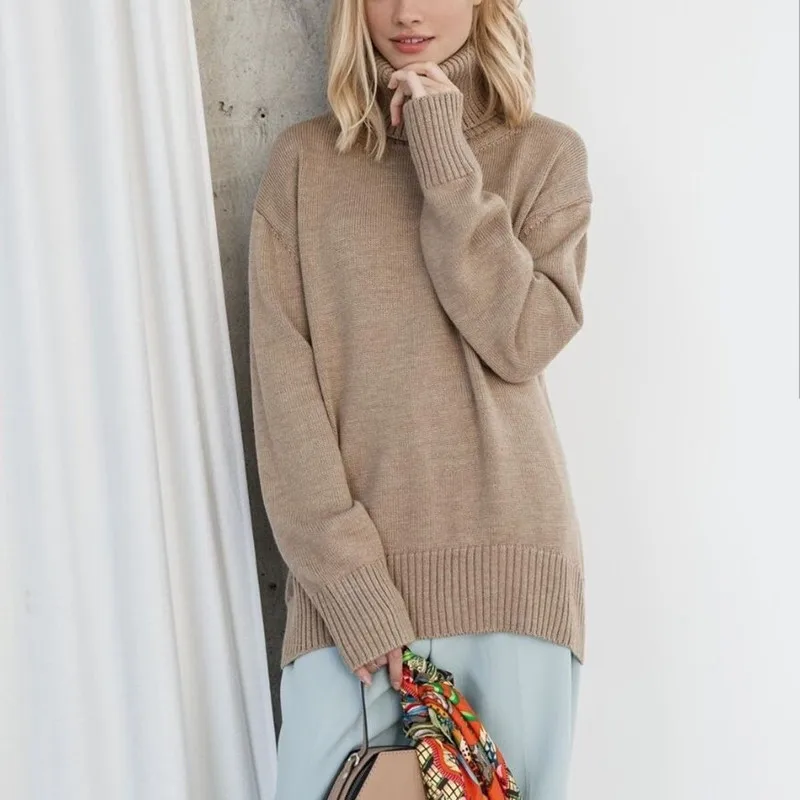 

Casual Female Fall Loose Solid Knit Tops 2020 Temperament Long Sleeve Turtleneck Fashion Sweater Elegant Office Women Pullover