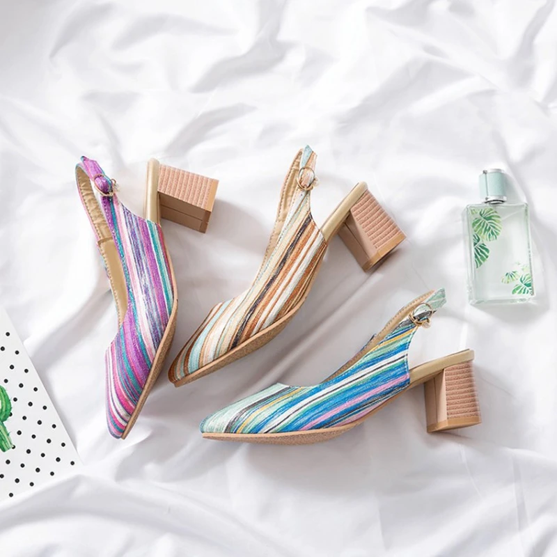 

2021 Rainbow Color Woman Pumps Slip-On 5CM Slingback Chunky Low Square High Heel Single Pointed Toe Shoes For Dress Size 32-50