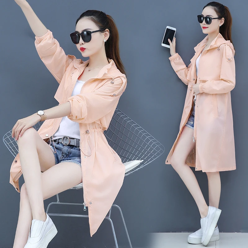 

2020 Summer Thin Loose Trench Coat Women Long Cardigan Female UV Sun Protection Hooded Sunscreen Beach Windbreaker Casual White