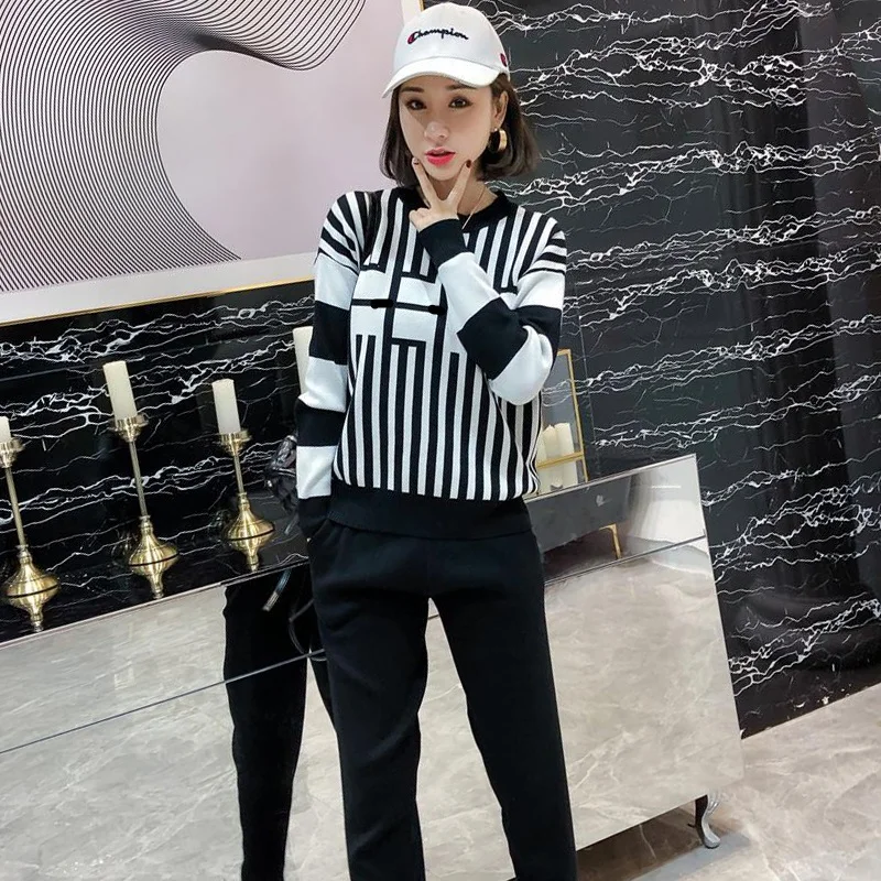 Вязаный свитер штаны спортивный костюм комплекты 2019 новая осенне зимняя Модная