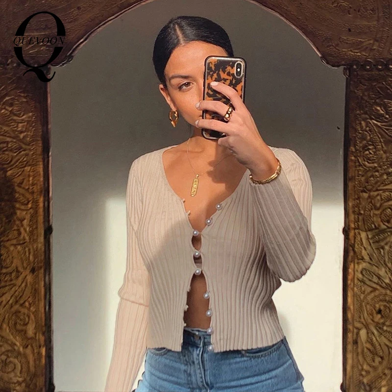 Женский трикотажный кардиган на пуговицах QUEVOON облегающий свитер телесного