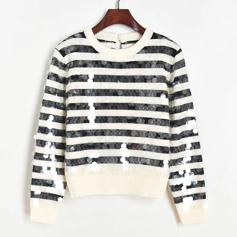 

New color contrast stripe Sequin long sleeve knitted sweater women's pullover z20827