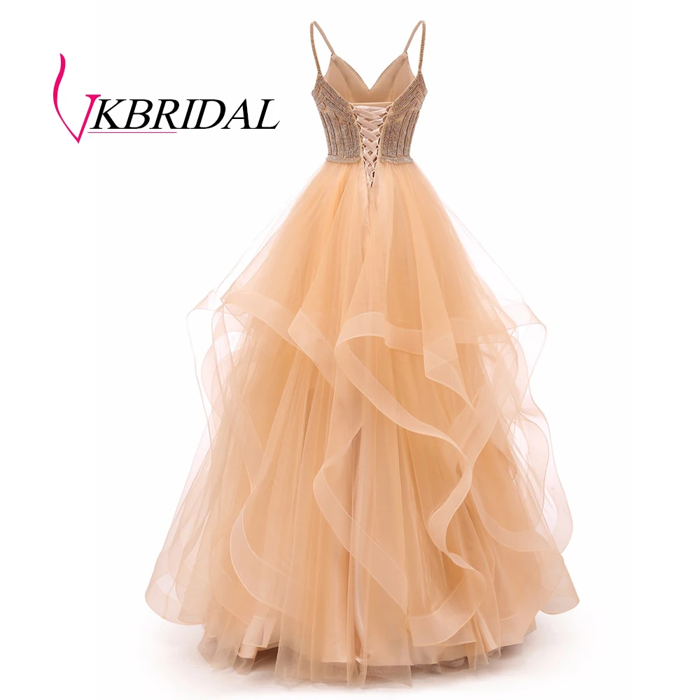 Vkbridal цвета шампанского золото Многоуровневое Тюлевое вечернее платье Длинные бальные платья кристаллы на шнуровке длинное формальное выпускное платье ремни