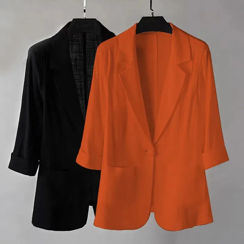 2022 Cotton And Linen Suit Female Summer Short Ladies jacket Slim Show Thin Temperament 3/4 Sleeve Flax Suits Ladies Blazer Coat images - 2