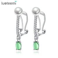 luoteem fashion green zircon with white round pearl stud earrings for women wedding women accessories chic dropshipping products