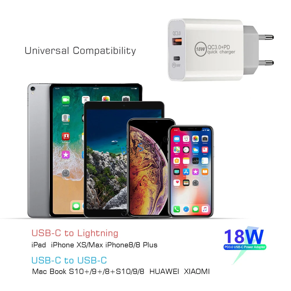 

BaySerry 18W USB Type-C PD3.0 Fast Charging 2-Port QC Quick Charger 5V 3A Mobile Charger Power for iPhone 12 11 Pro Max XR 8 Xs