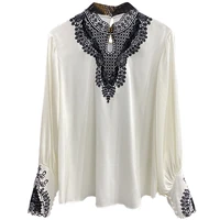 tops fashion blouse shirt 2022 spring summer style women lurex embroidery long sleeve elegant white black pure silk tops blouse