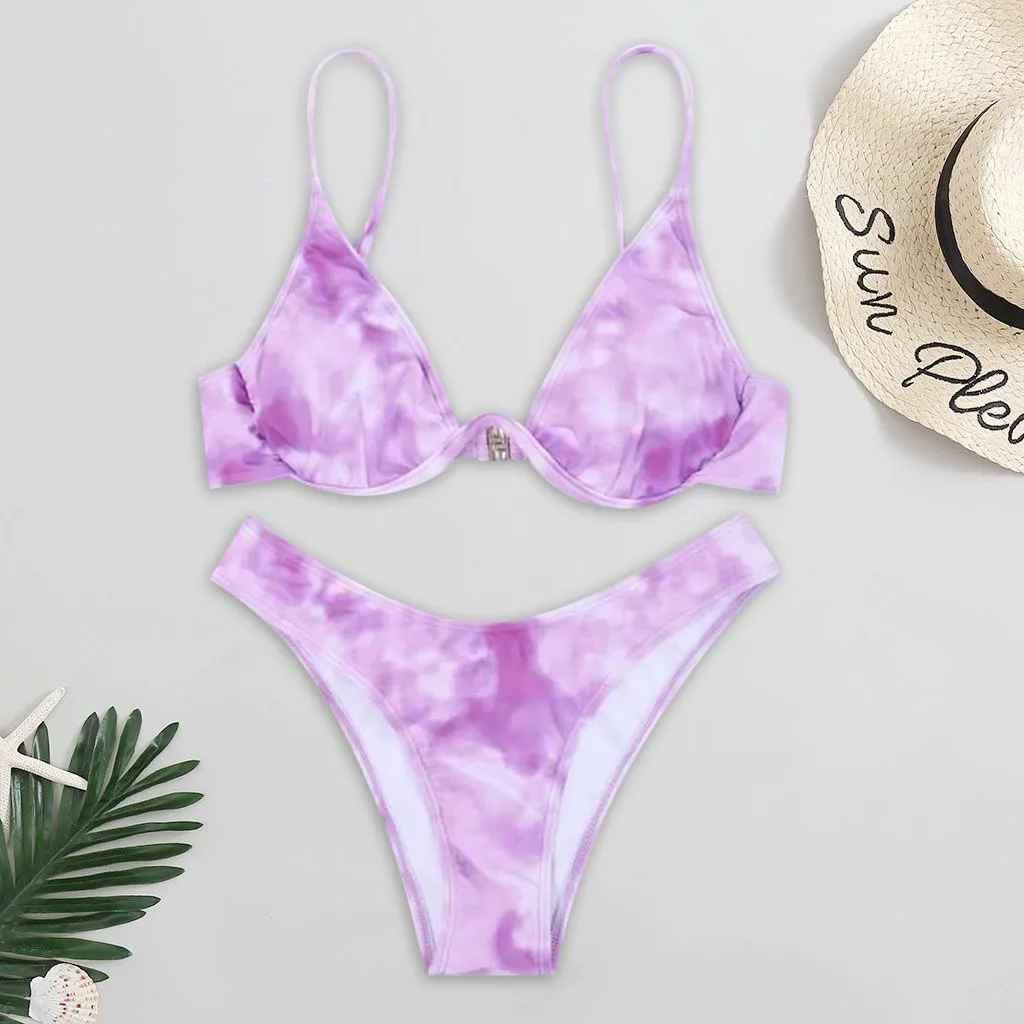 

Women Tie-Dye Print Graffiti Bikini Push-Up Swimsuit Beachwear Padded Dinosaur Print swimming Suit Bandage Sexy Summer Bathing#4