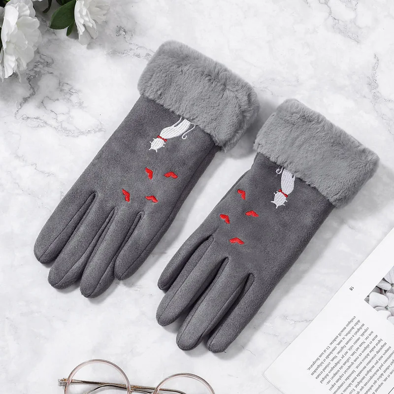 Gray3 Женские зимние перчатки с сенсорным экраном, женские замшевые меховые теплые перчатки с полным пальцем, женские зимние перчатки для спорта на открытом воздухе, женские перчатки для вождения - Цвет: Gray3