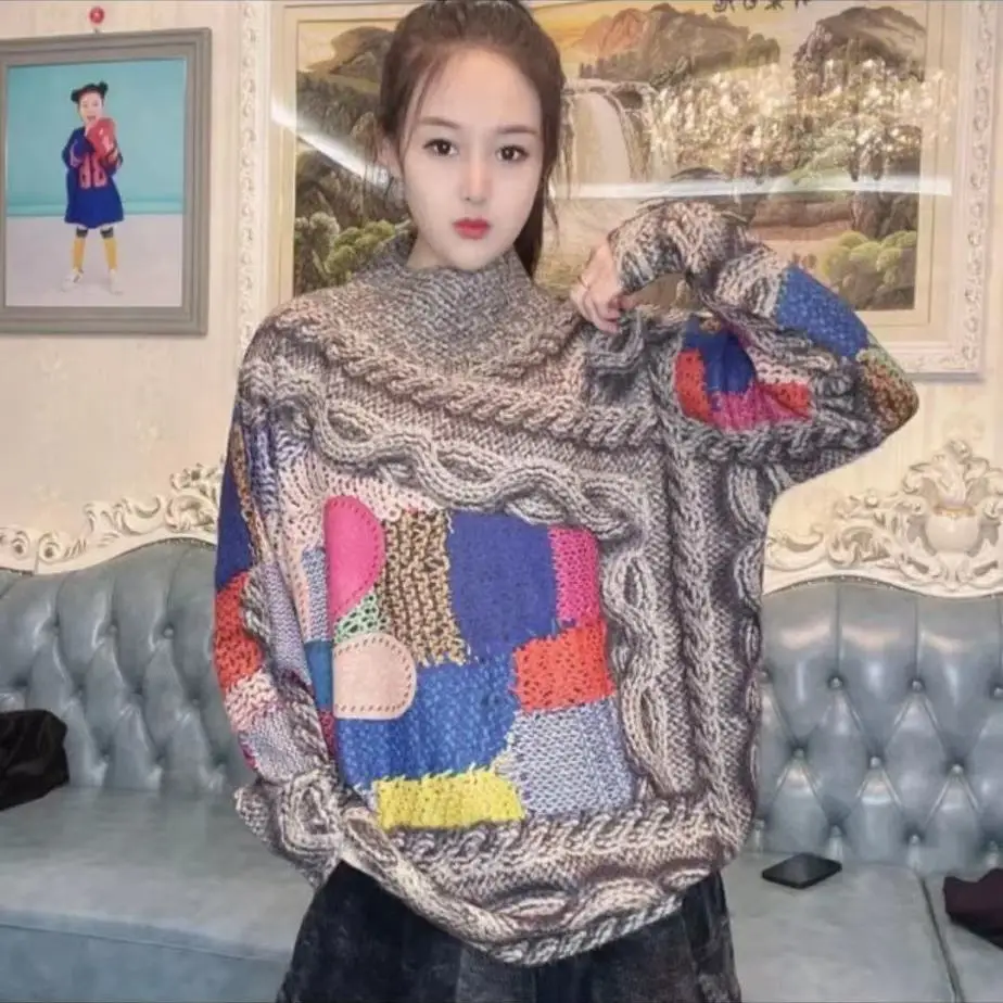 

Original ethnic style printed imitation mink sweater women's Retro literary loose medium and long bottomed sweater