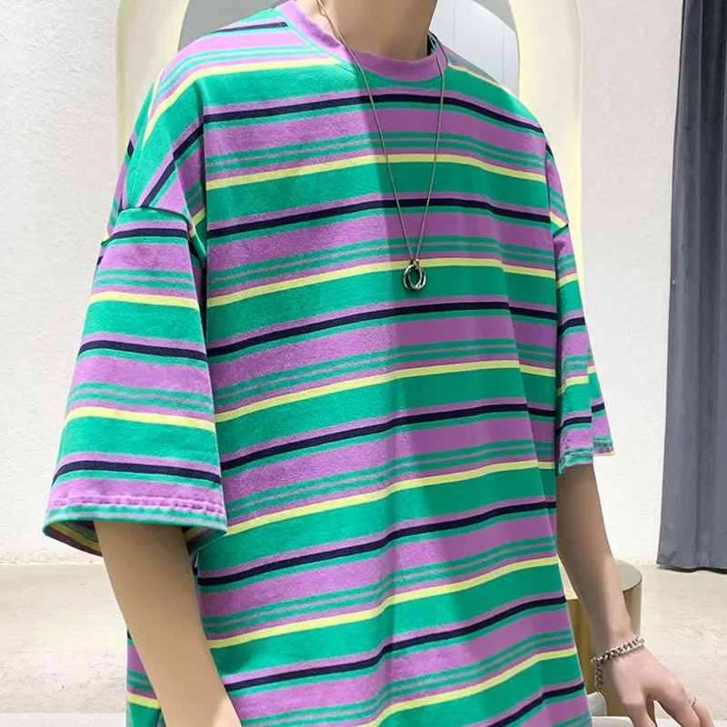 

Summer Cotton Short-sleeved T-shirt Men's Fashion Casual O-neck T Shirt Men Streetwear Loose Hip-hop Striped Tshirt Mens Tops