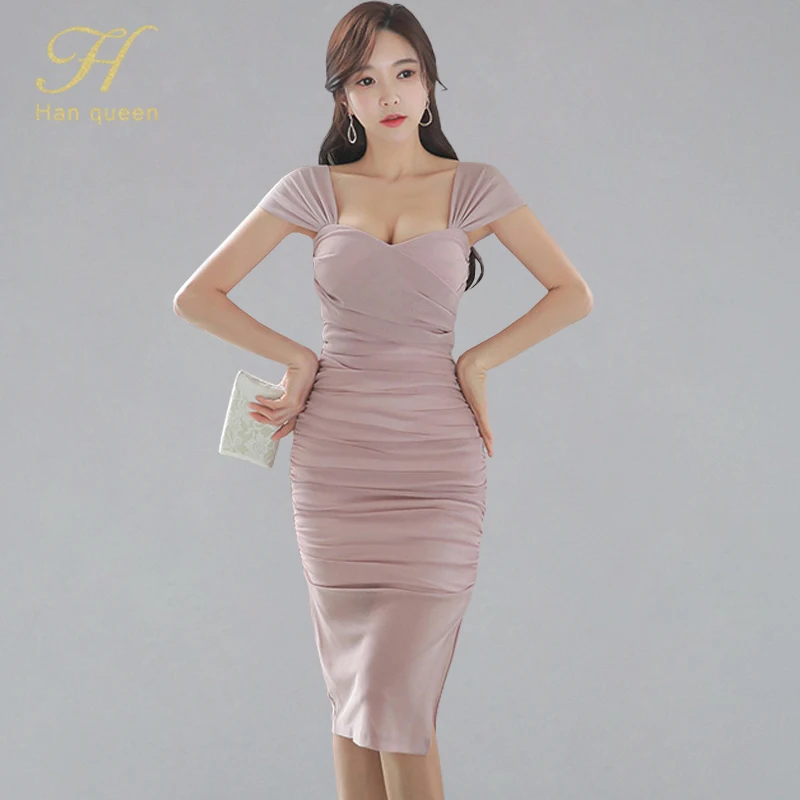 Женское облегающее платье карандаш H Han Queen розовое футляр летние модные