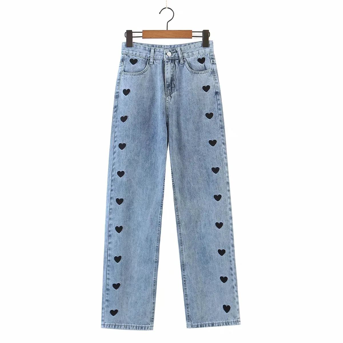 

TVVOVVVIN Fashion Women's Heart-shaped Embroidered Jeans Spring High Waist Washed Female Wide Leg Pants 48C0