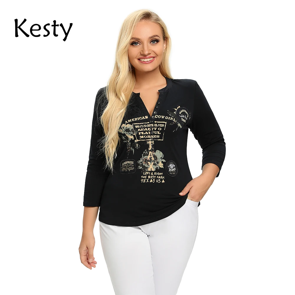 

Женская Однотонная футболка KESTY, весенний хлопковый топ на пуговицах с рукавом 3/4 и винтажным принтом, свободный эластичный Топ с V-образным ...