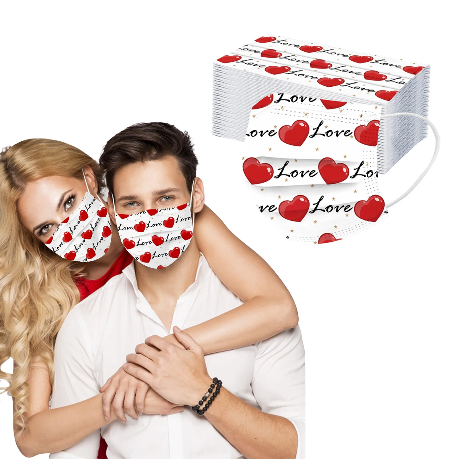 

10/50pcs Lover Valentine's Day Disposable Face Mask For Adult Valentines Masks With Red Heart Headband Cover Mouth Masks Masque