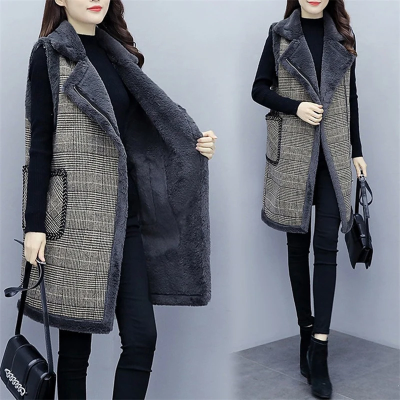 Осенне зимний шерстяной жилет пальто Женский клетчатый бархатный утепленный