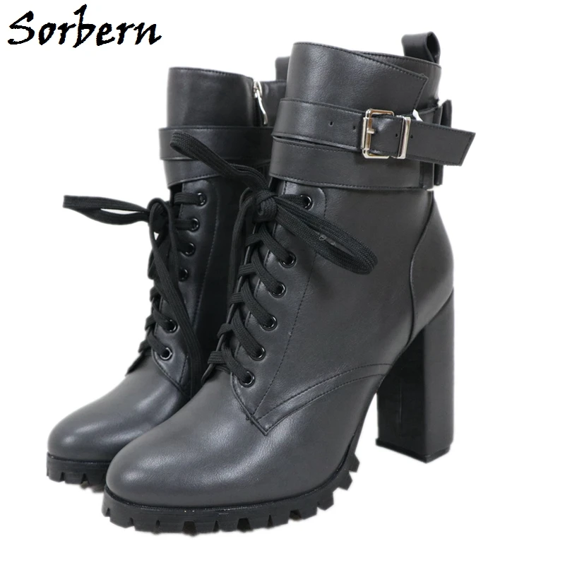 

Sorbern Deep Grey Block Heels Ankle Boots Women Chunky High Heel Female Shoes Winter Style Lace Up Ankle Straps Buckles Custom