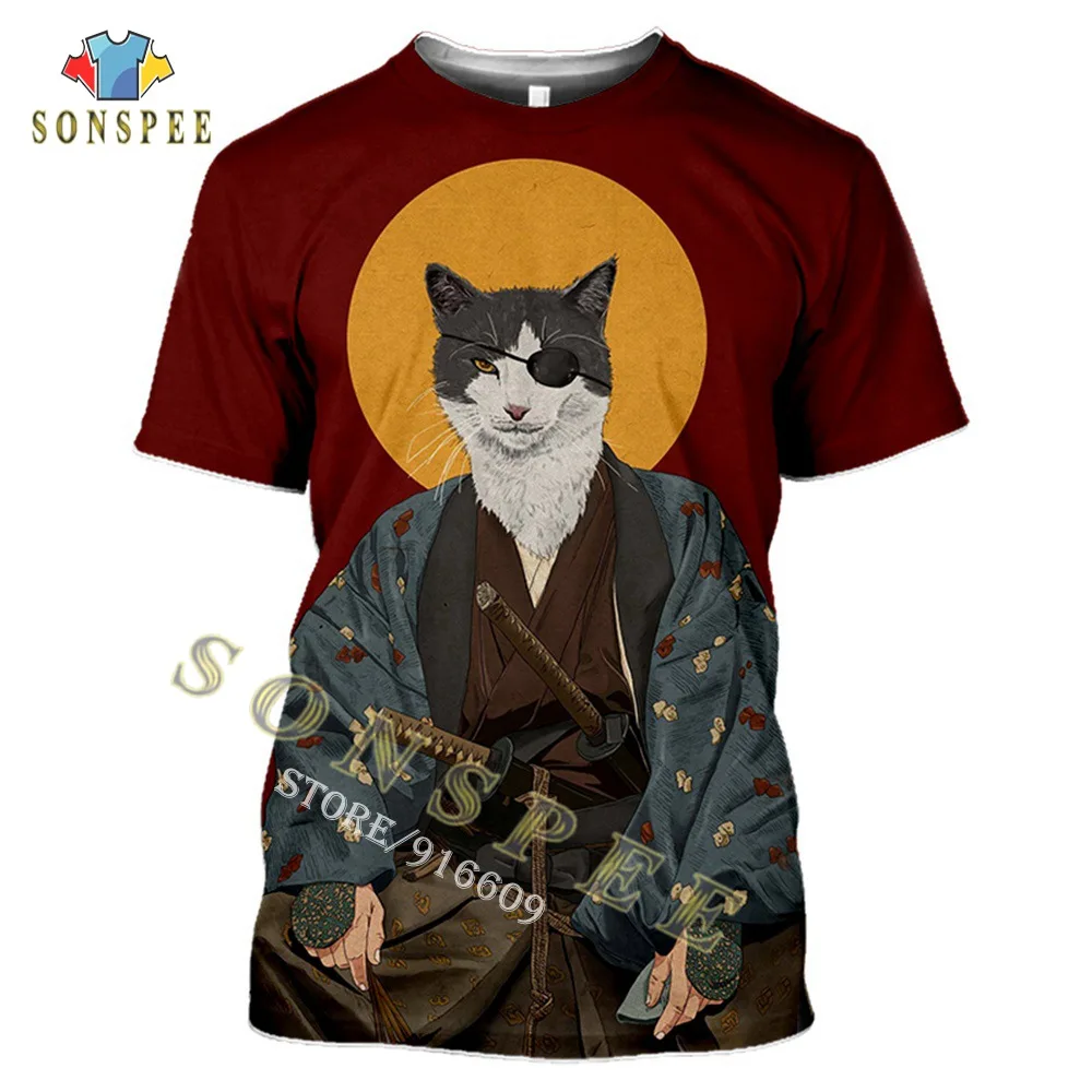 

3D Print Japanese Samurai Cat Tattoo Men's T-shirt Cool Classic Art Tshirt Women Summer Casual O-neck Shirt Fitness Tops