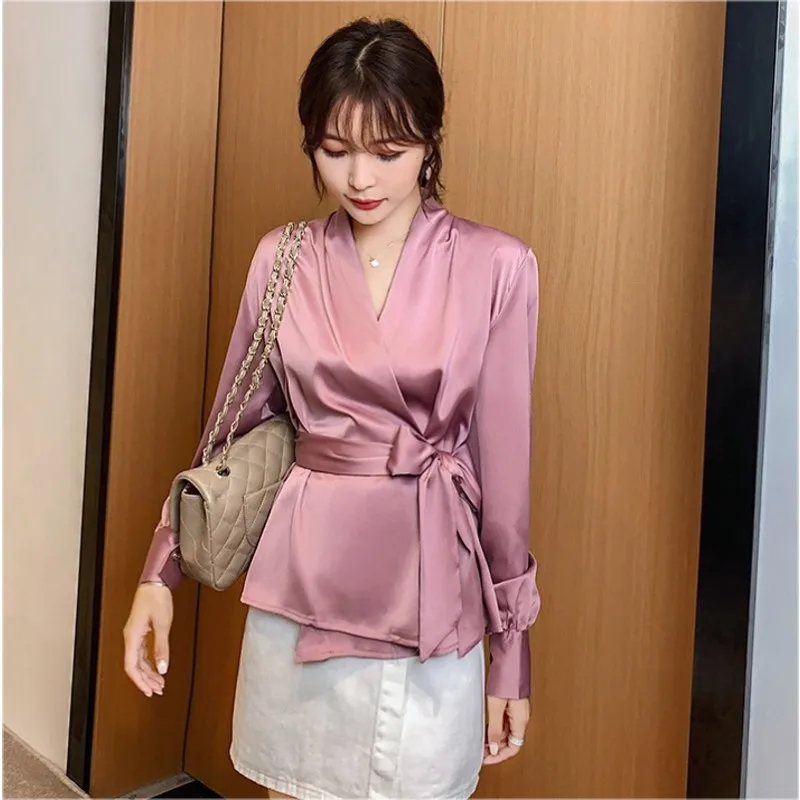 Женская атласная блузка с запахом элегантная офисная рубашка длинным рукавом и V