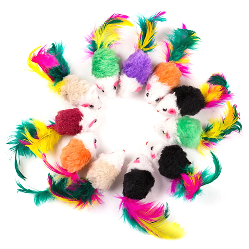 

10 Pcs False Mouse Pet Cat Toys Mini Funny Playing Toys For Cats with Colorful Feather Plush Mini Mouse Toys