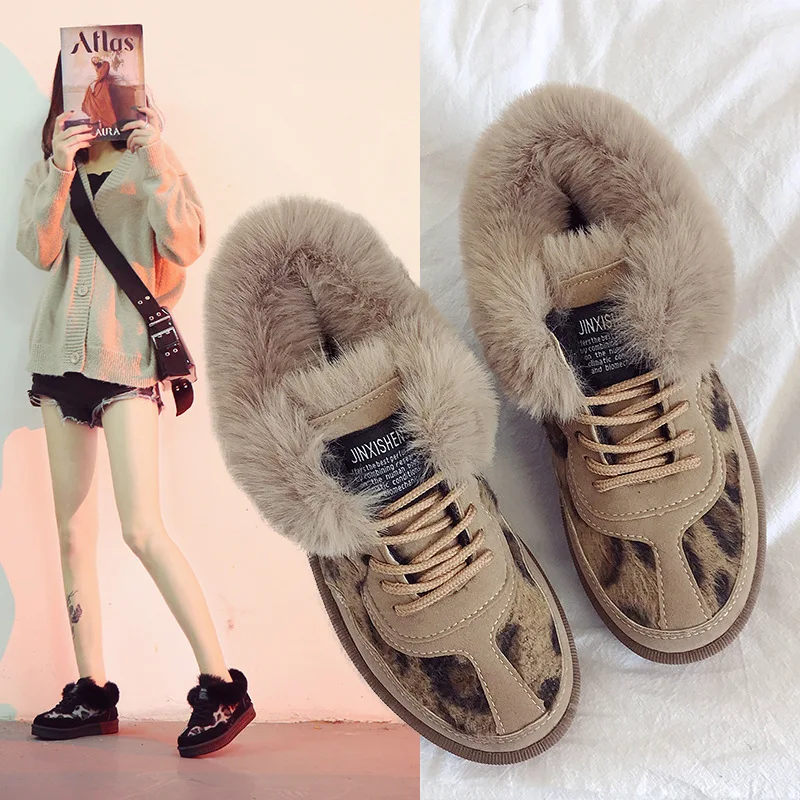 

Womens Winter Snow Boots Suede Lace Up Leopard With Fur Plush Lining Warm Flat Shoes M28