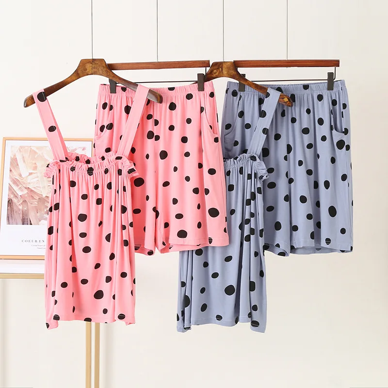 

Bit cotton retro polka dot suspender shorts pajamas for women Summer new slash neck sweet casual two piece set home sleep wear