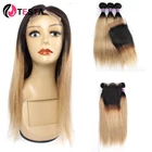 Прямые бразильские волосы Testa 1b27 1B30, волнистпряди с фронтальным человеческим волосом, пряди с 4*1 кружевной застежкой, Remy наращивание волос