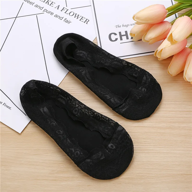 Модные женские хлопковые кружевные нескользящие носки с невидимой подкладкой