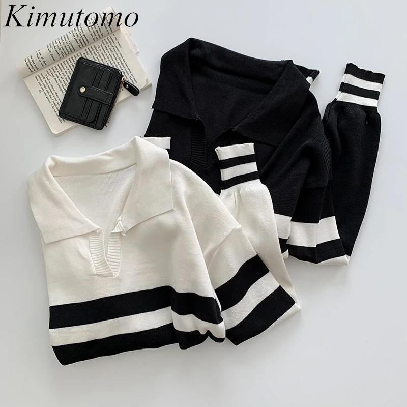 

Kimutomo, контрастные полосатые вязаные женские свитера, осень 2021, новинка, корейский пуловер с отложным воротником и длинным рукавом, вязаная п...