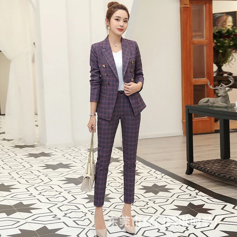 Весенне-осенний Новый клетчатый костюм из двух предметов женский модный Дамский