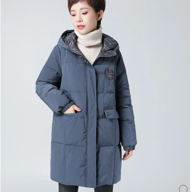 

Autumn Winter Women Cotton-padded Coat Embroidery New Long-sleeve Fashion Hooded Casual Loose Elegant Thicken Mid-length Jacket