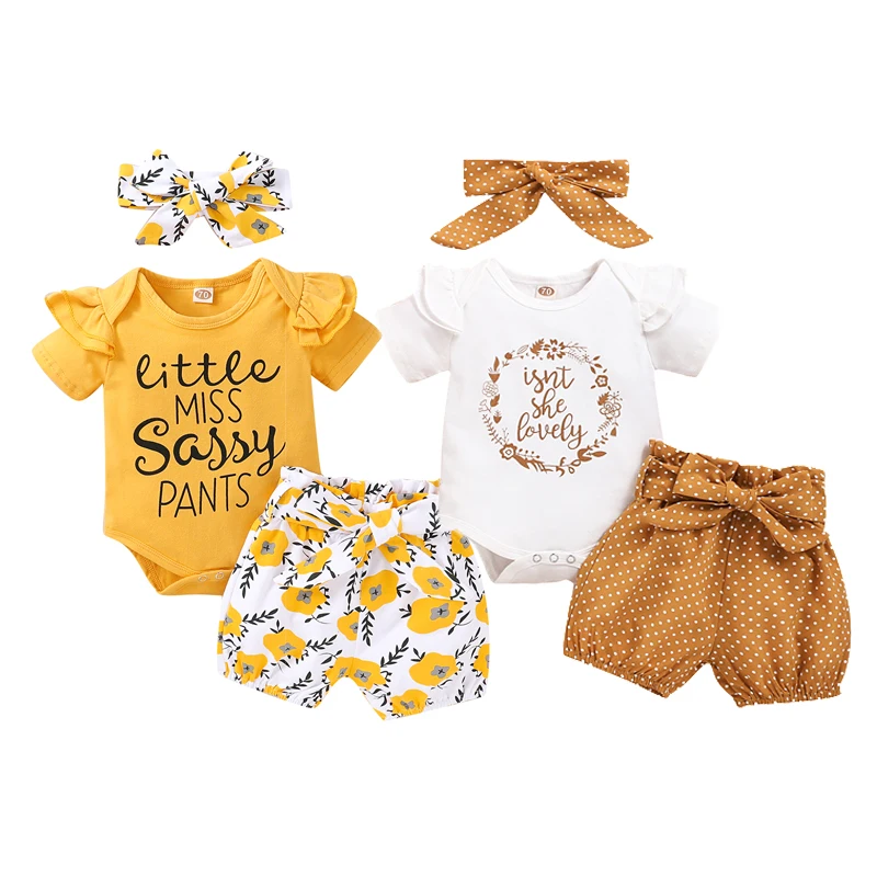 

Комплект одежды для новорожденных девочек 0-18 мес., комбинезон с короткими рукавами и надписями, топы, шорты с цветами, повязка на голову