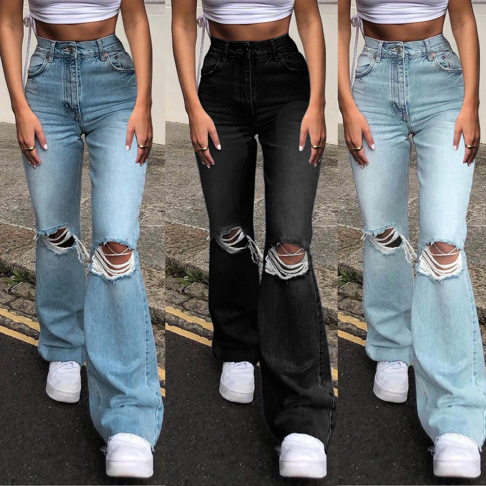 

Woman Skinny Jeans High Waist Ripped Wide Leg Denim Clothing Blue Streetwear Vintage Quality 2021 Fashion Harajuku Straight Pant