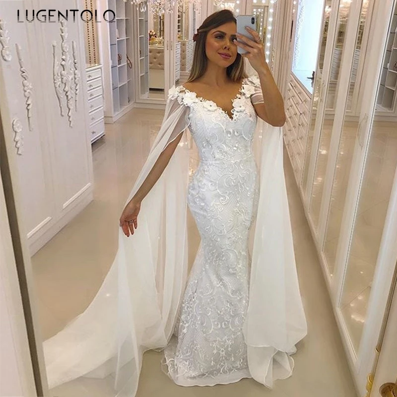

Lugentolo Party Women Dress Sexy Sleeveless Lace White Dresses V-neck Slim High Waist Off The Shoulder Ladies Maxi Dress