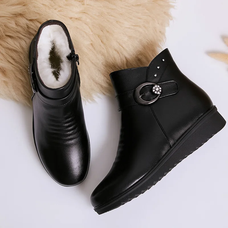 

ANNYMOLI Real Leather Real Wool Ankle Boots Women Shoes Platform Wedge Heels Snow Boots Crystal Buckle Zip Mid Heel Short Boots