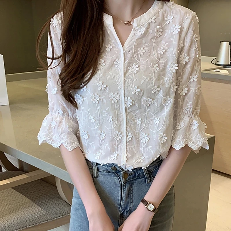 Vetement Femme Lace Blouse womens tops and blouses blusas mujer de moda 2018 Hollow Out Flowers Cotton Korean White Shirt 5XL | Женская