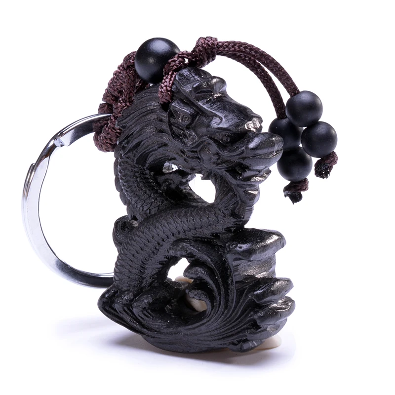 

Chinese Traditional Handmade Wood Products Ebony Wood Good Luck Peace Winding Chinese Dragon Car Key Ring Pendant Keychain