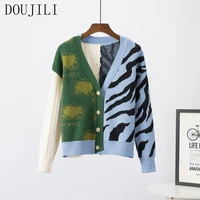 doujili 2021 autumn winter patchwork knitted sweater women jumper cardigan long sleeve button female outerwear