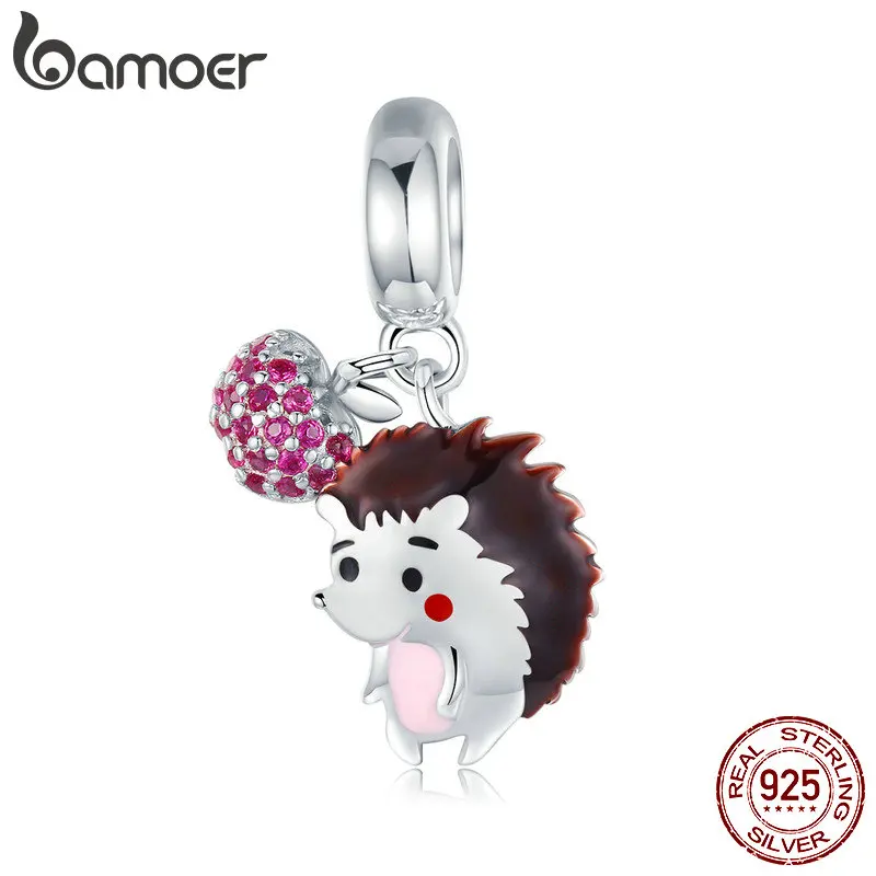 BAMOER Новая коллекция 925 пробы Серебряный Ежик фрукты кристалл CZ талисманы животных подходят браслеты и ожерелья ювелирные изделия SCC1061
