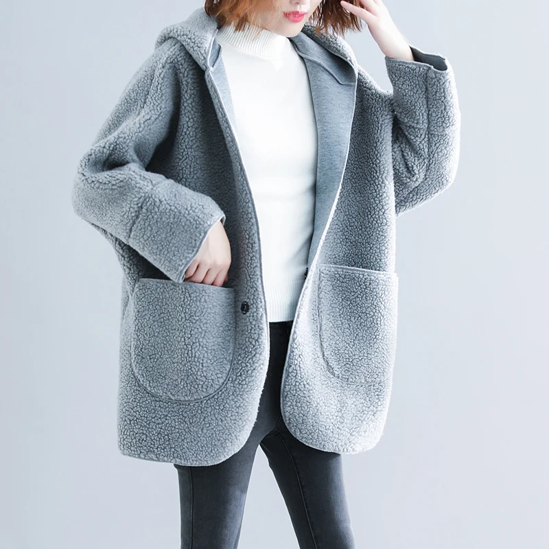 Пальто из овечьей шерсти осень 2020 новинка серый мех утолщенный свободный с